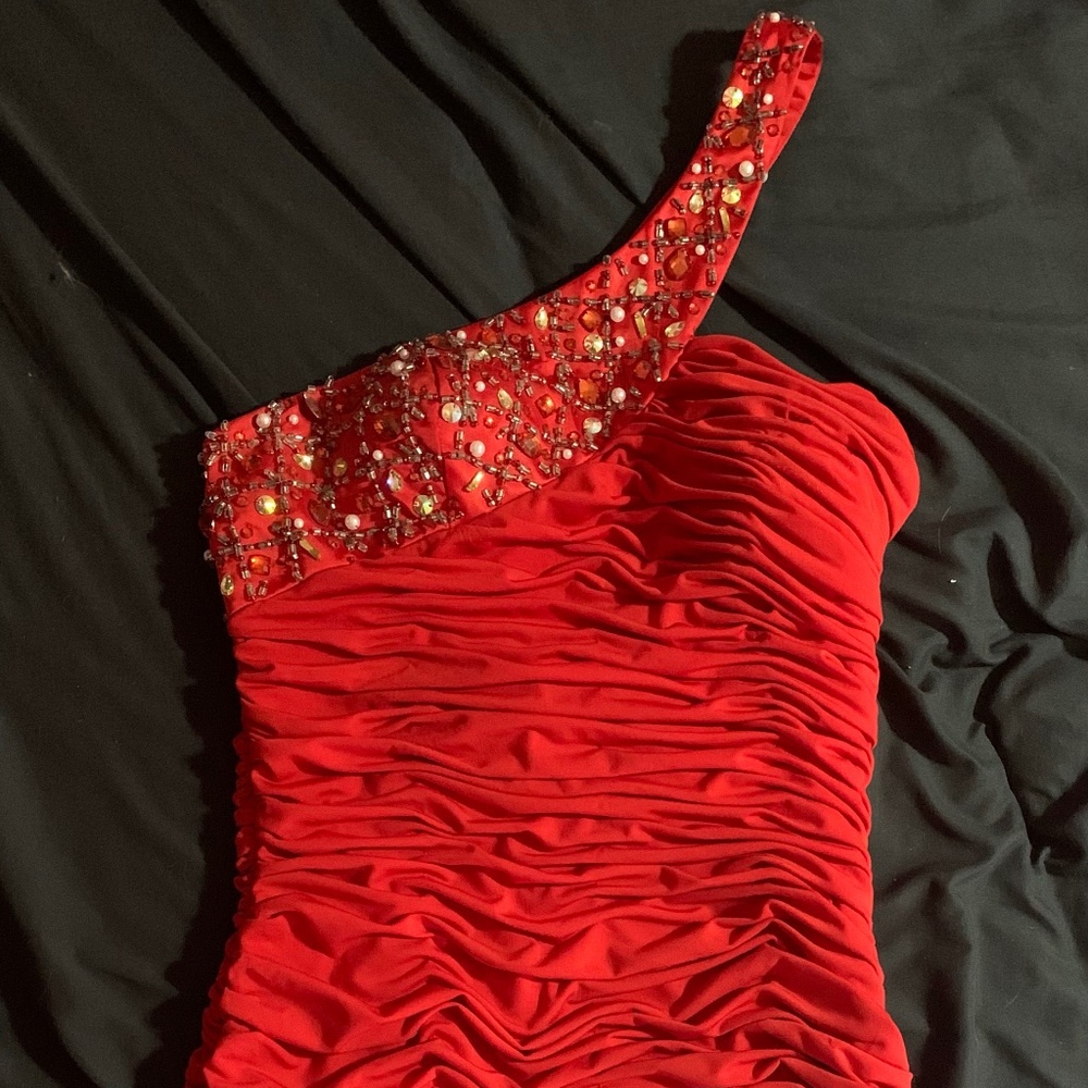 Nina Austin Red Sequin Party Dress with Ruching